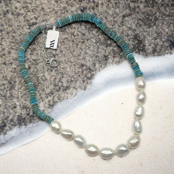 Turquoise Baroque Pearl Necklace Sterling Silver Toggle WW Kingman Western - Picture 12 of 16